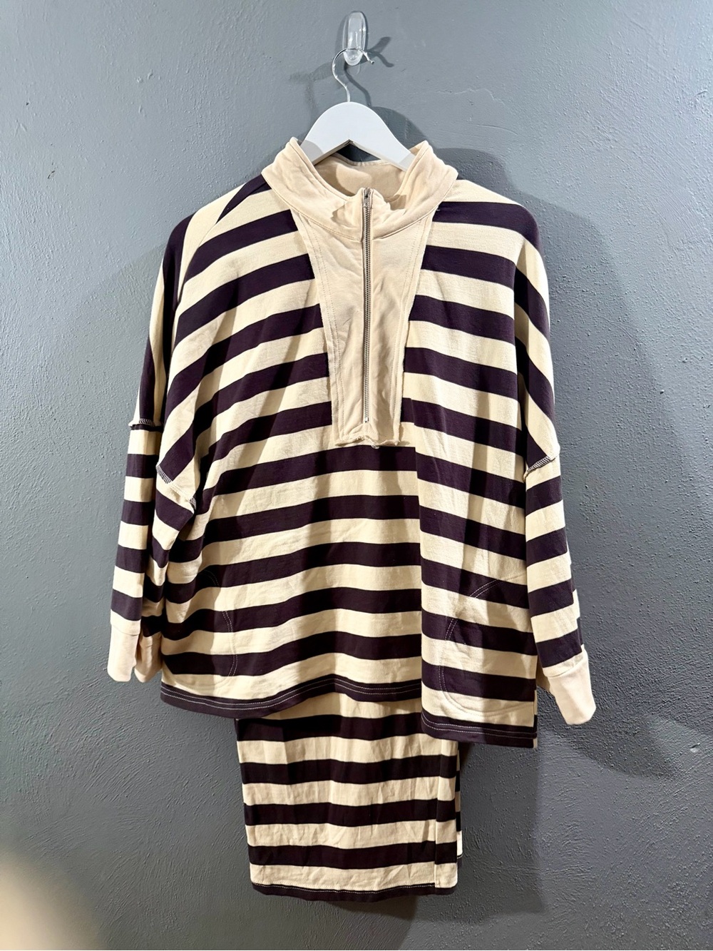 Polagram Cream and Dark Purple Striped Wide-Leg Pant-Set